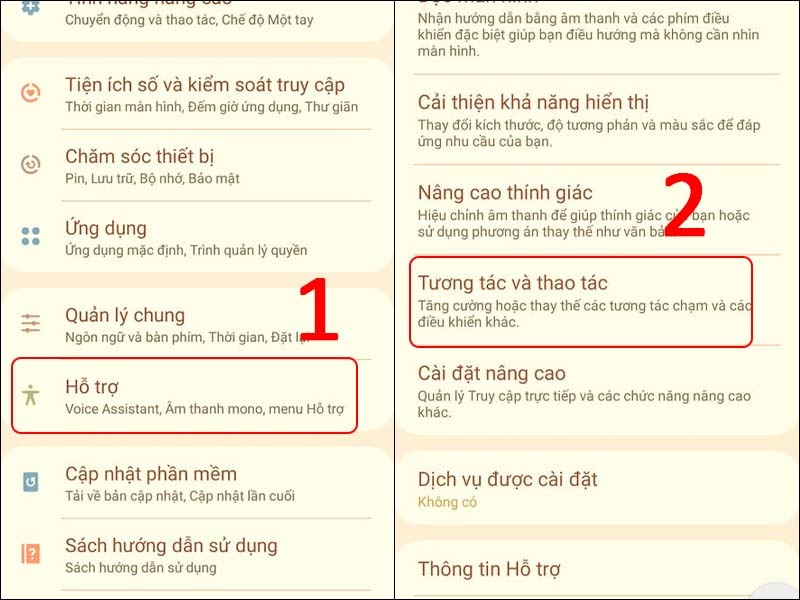 Vào cài đặt hỗ trợ